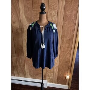 Charter Club Womens XS Navy Blue Tropical Embroidered Tassel Tie Knit Top Blouse